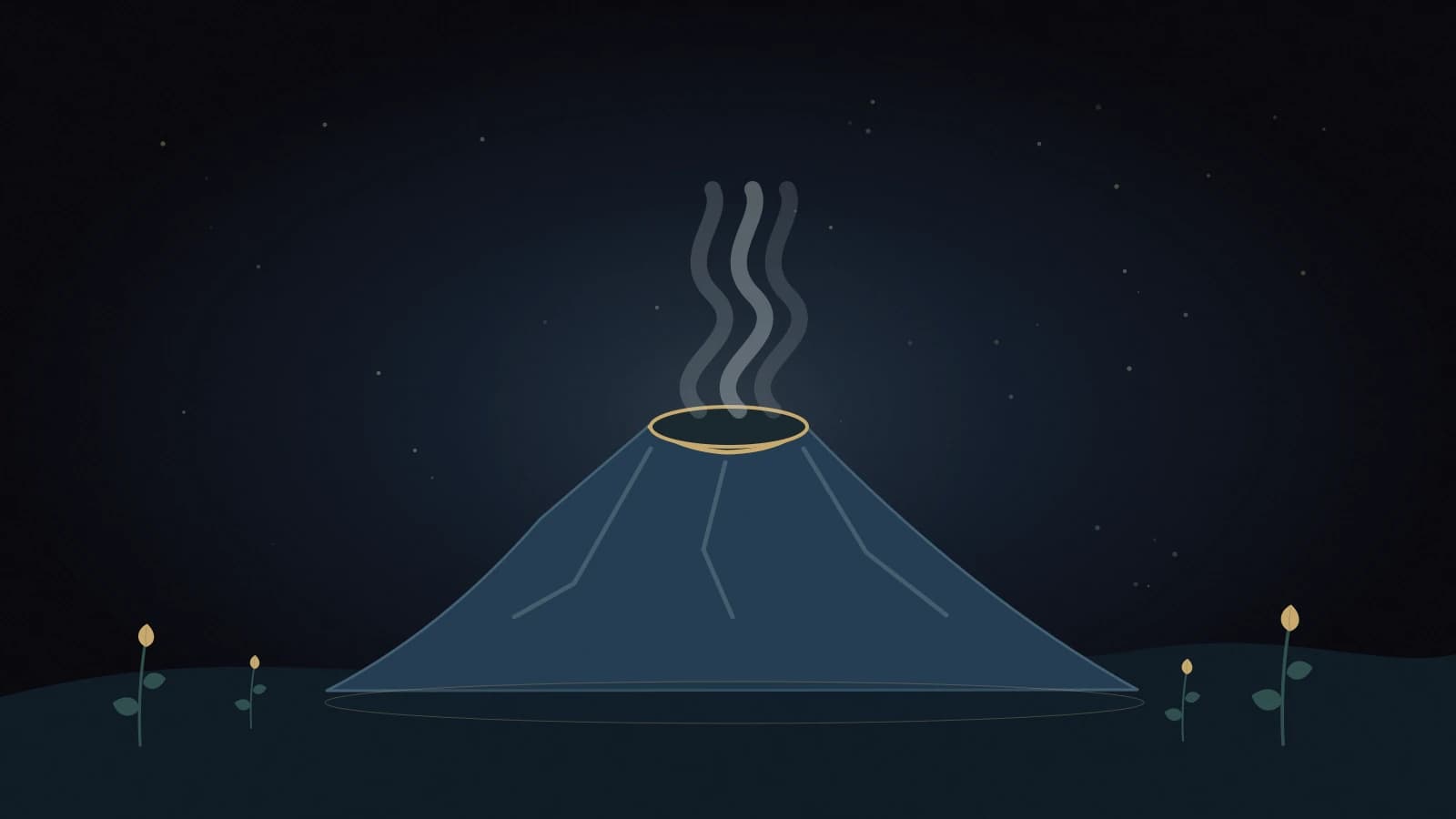 Anger Volcano cools beneath a navy sky, releasing soft pale steam with restrained golden light around its crater.