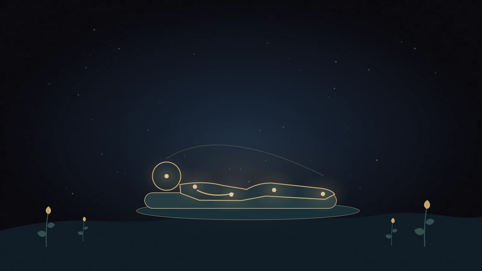 Body Scan Journey traces gentle golden light along a simple resting silhouette against a quiet midnight-blue background.
