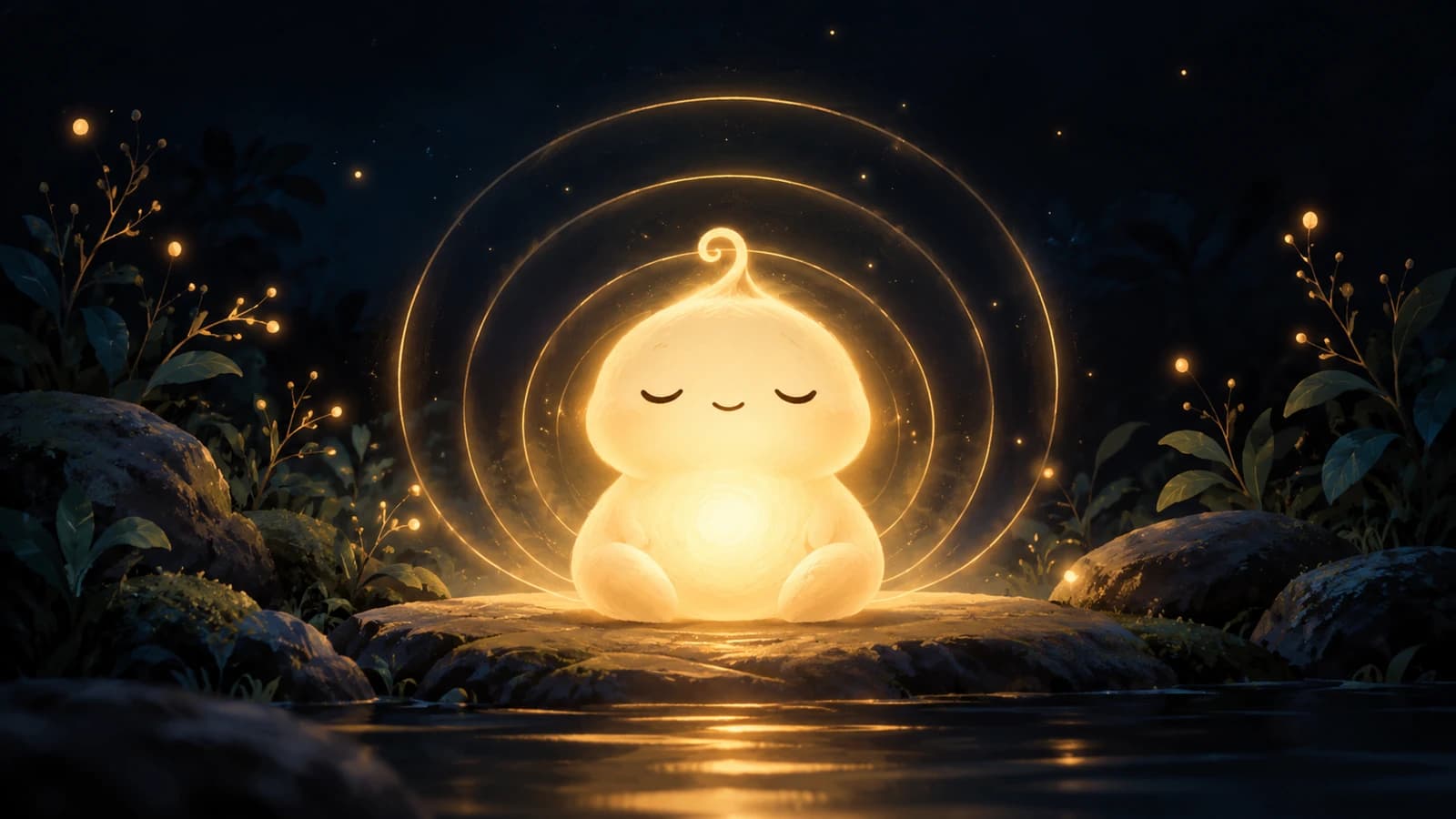 Breathing Buddy glows softly in a dark forest clearing, surrounded by gentle golden rings of light.