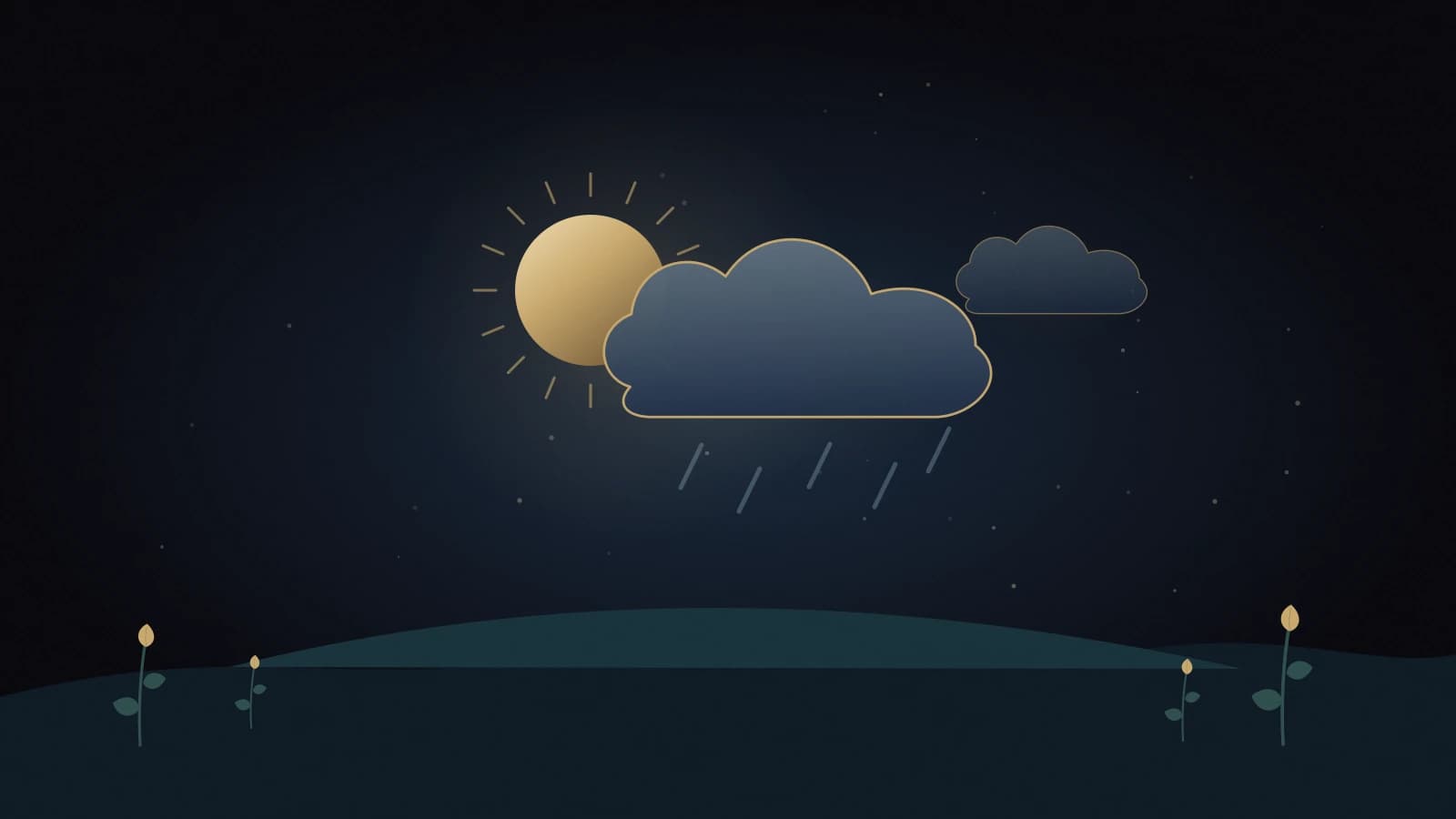 Feeling Weather Station blends soft rain clouds and warm sunlight over a calm, dark-blue landscape.