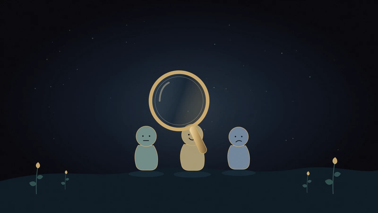 Feelings Detective places a warm golden magnifying glass beside gentle character silhouettes in a softly lit navy scene.