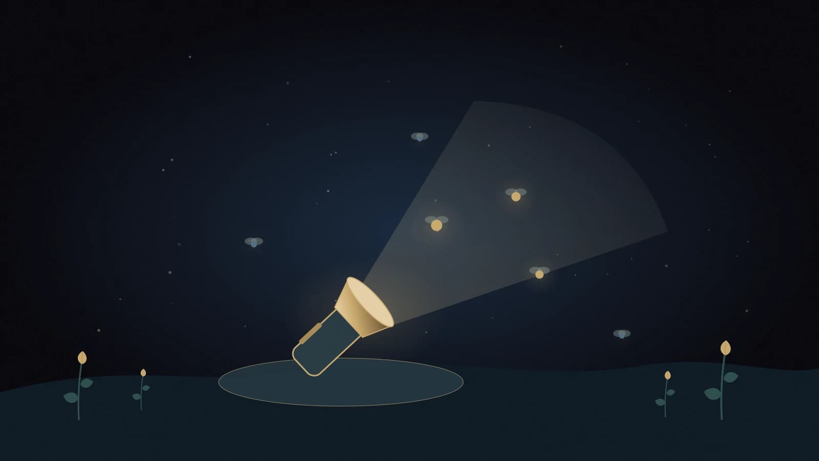 Focus Flashlight casts a soft golden beam towards selected fireflies drifting through a calm midnight-blue woodland.