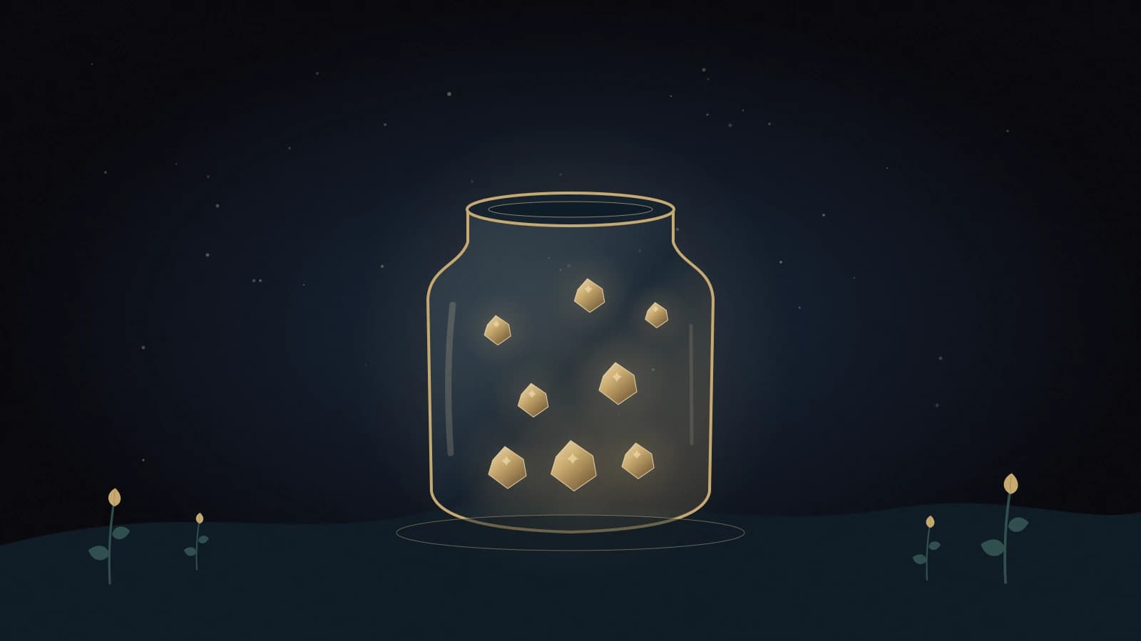 Gratitude Jar holds softly glowing golden gems on a quiet stone surface beneath a deep navy night sky.