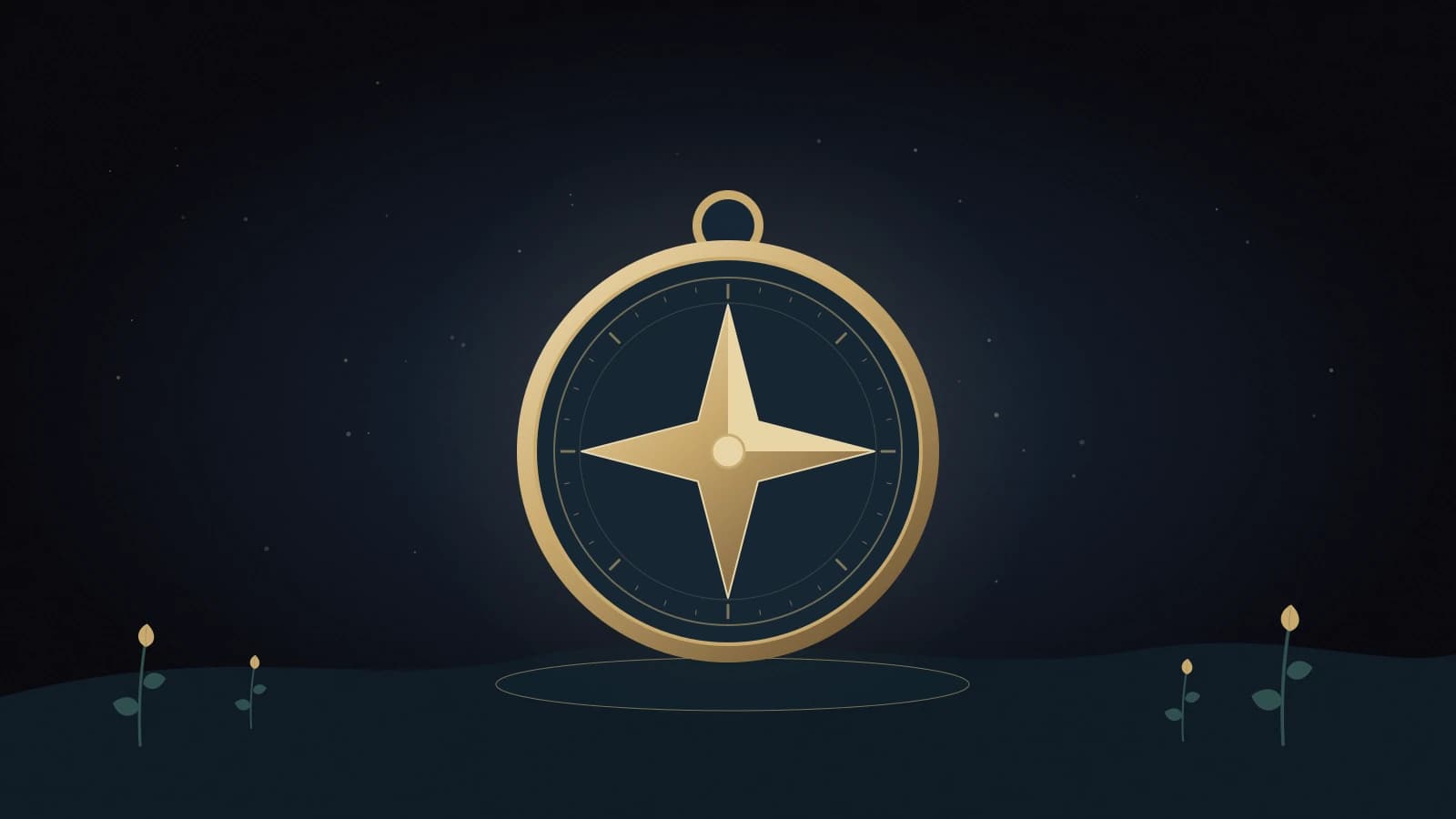 Kindness Compass glows with warm golden light above a quiet navy landscape, its unmarked needle pointing outward.