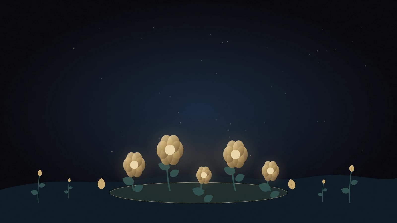 Kindness Garden shows small golden seedlings blooming into softly glowing flowers against a deep navy background.