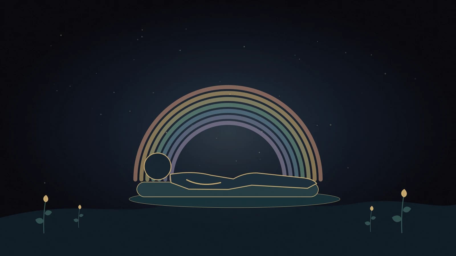 Rainbow Relaxation surrounds a resting silhouette with muted rainbow light and warm golden accents against deep navy.
