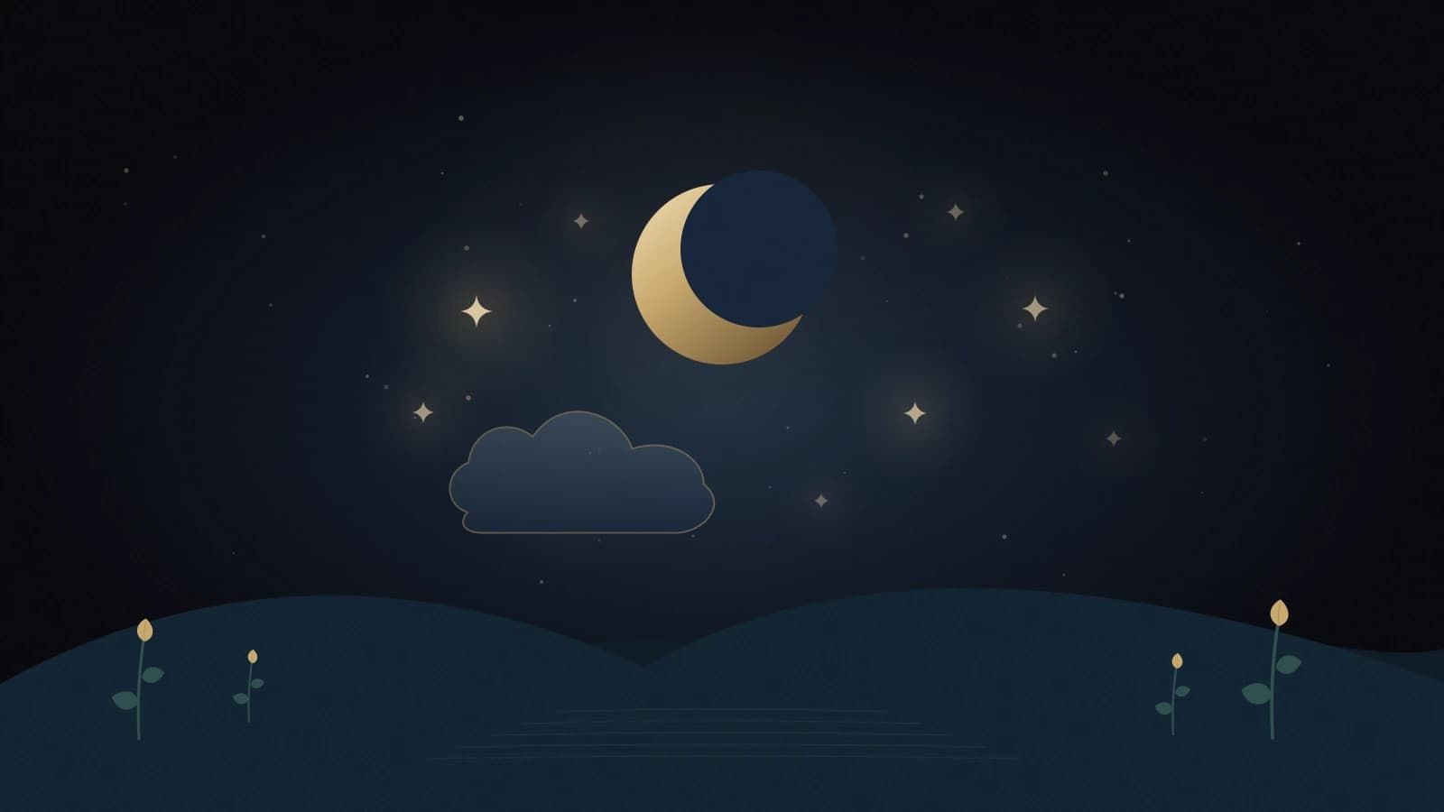 Sleepy Stars fade softly over quiet navy hills, with a warm crescent moon and a still reflective lake.