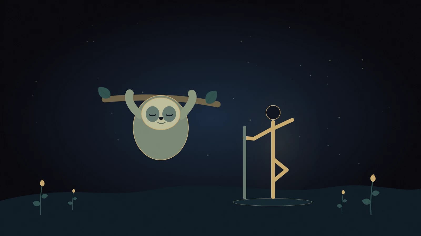 Slow-Motion Moves shows a gentle sloth and simple supported movement silhouettes within a softly glowing navy woodland.
