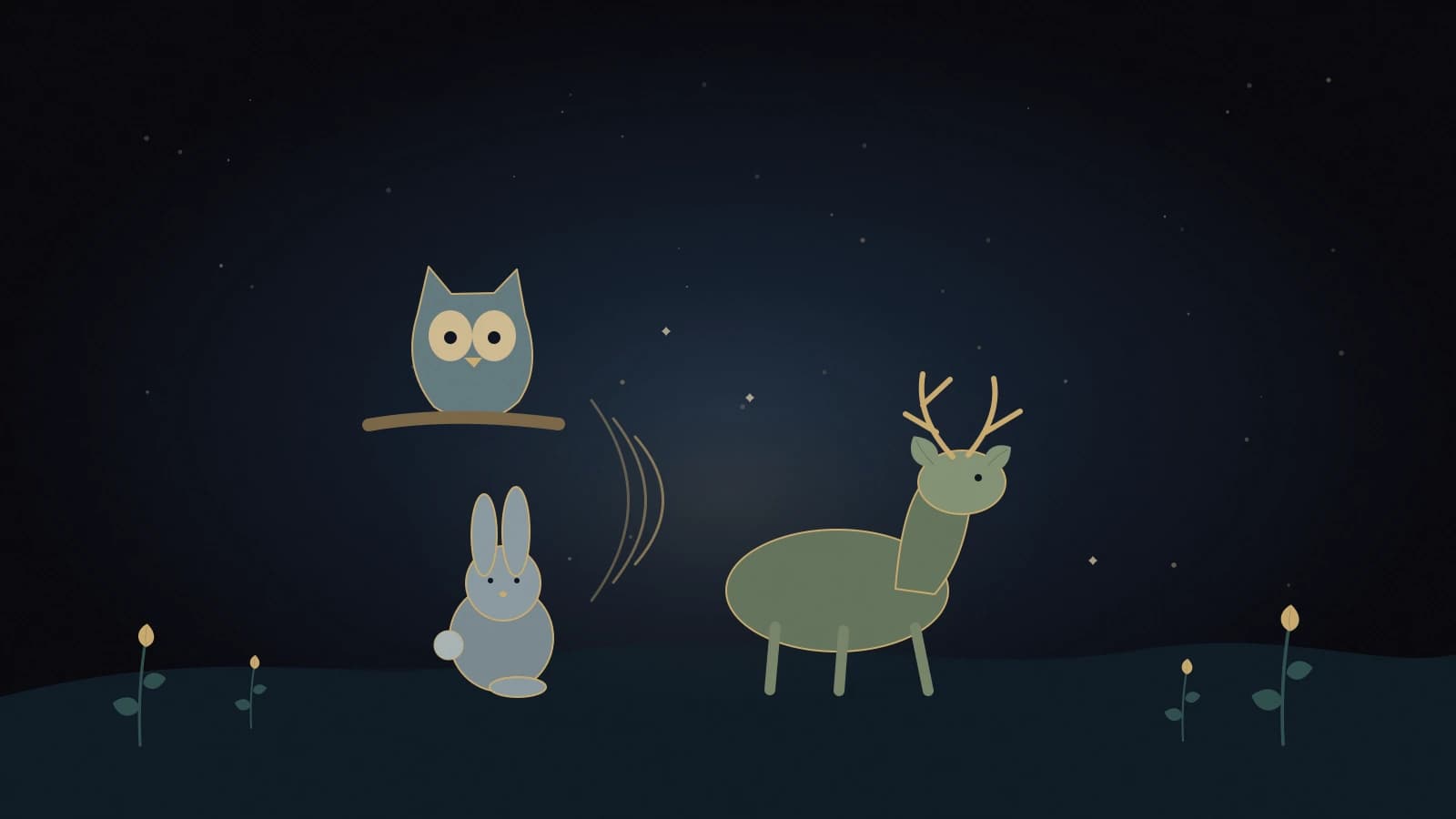 Sound Safari gathers quiet woodland animals beneath soft golden sound ripples in a dark navy forest clearing.