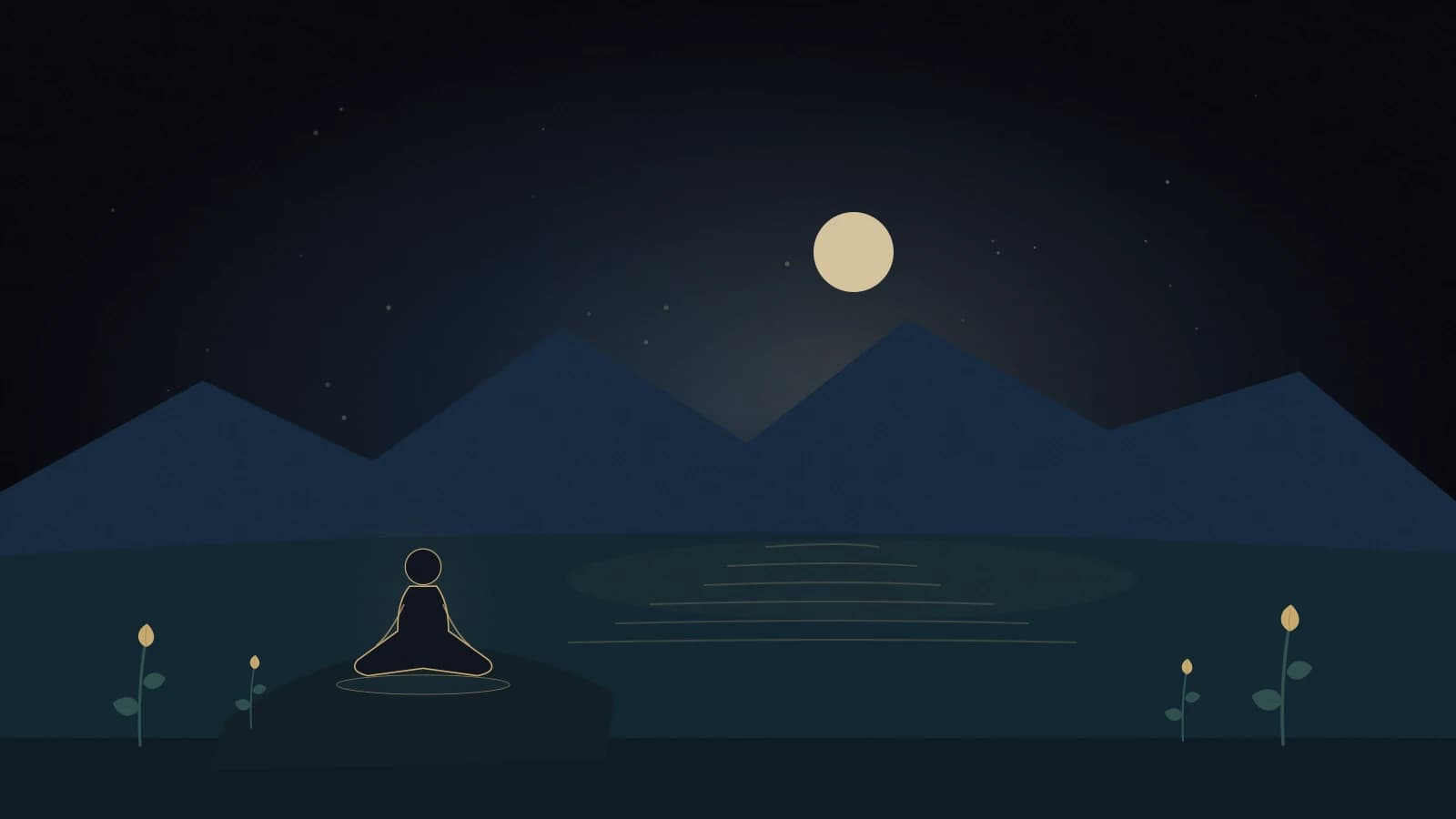 The Still Space shows a quiet seated silhouette beside still water, framed by spacious navy skies and golden light.