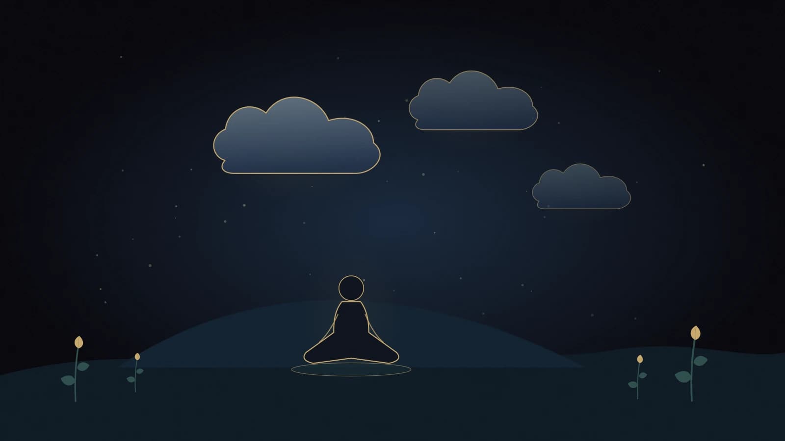 Thought Cloud Catcher shows gold-edged clouds drifting above a small seated silhouette beneath an open midnight sky.