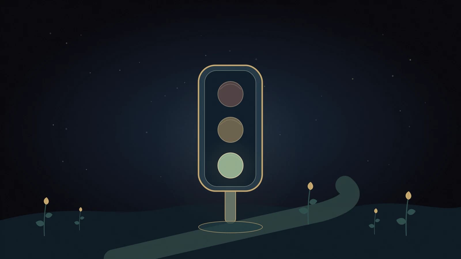 Wait for It presents a softly glowing, unmarked traffic light beside a calm path in a dark navy garden.