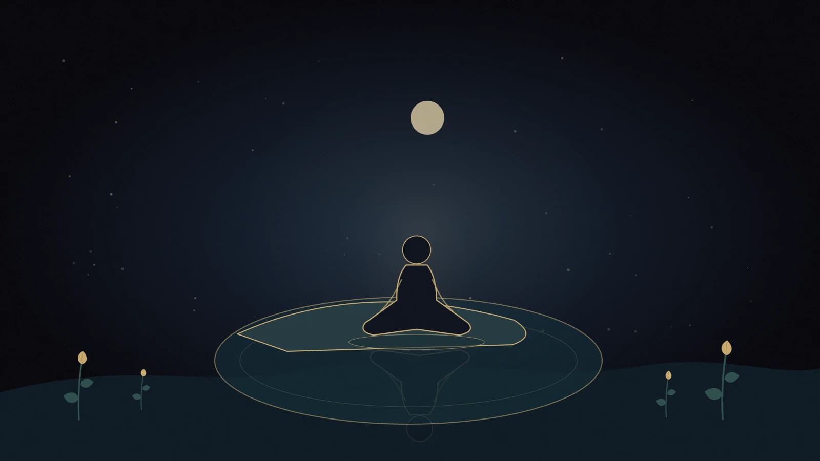 Who Am I? shows a simple faceless silhouette beside softly reflective water under a spacious, gold-lit navy sky.