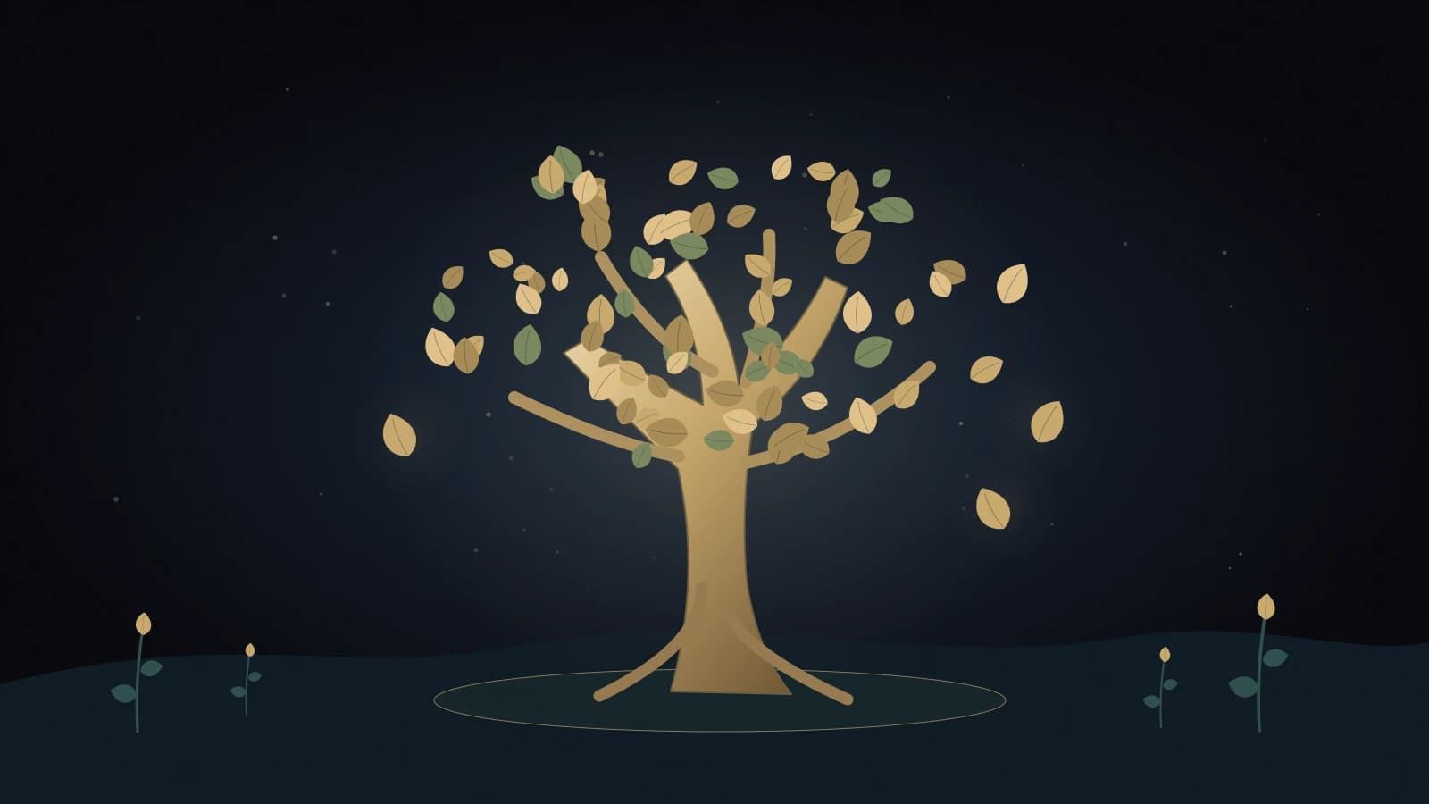 Worry Tree carries softly glowing golden leaves, with a few drifting gently into the surrounding navy night.