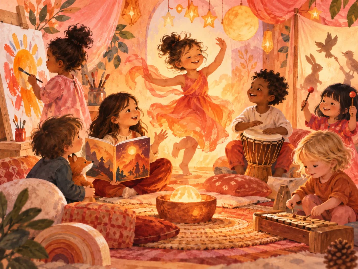 Children expressing creativity through painting, story, music and movement