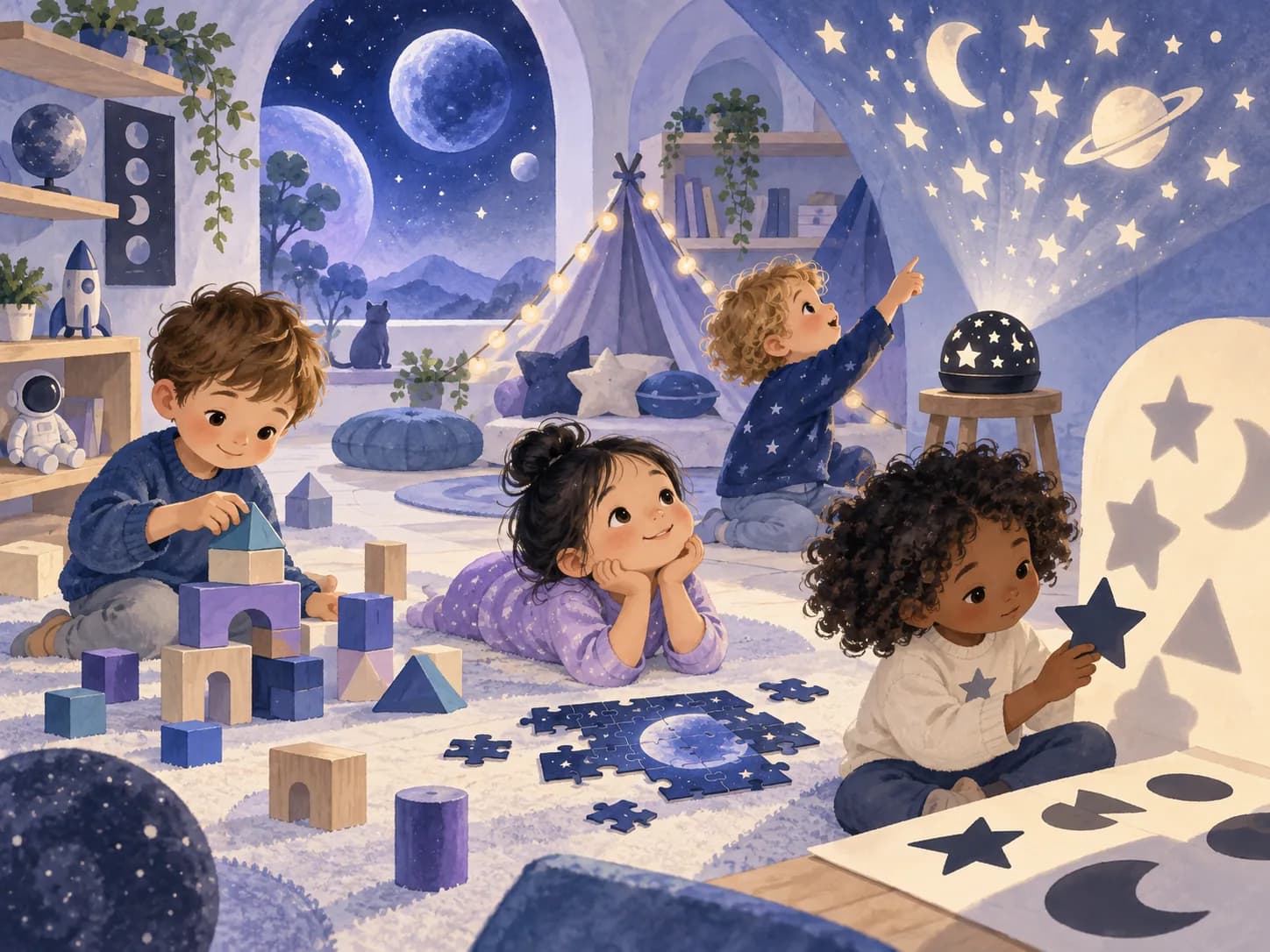 Children exploring shapes, space, patterns and quiet wonder in a calm classroom