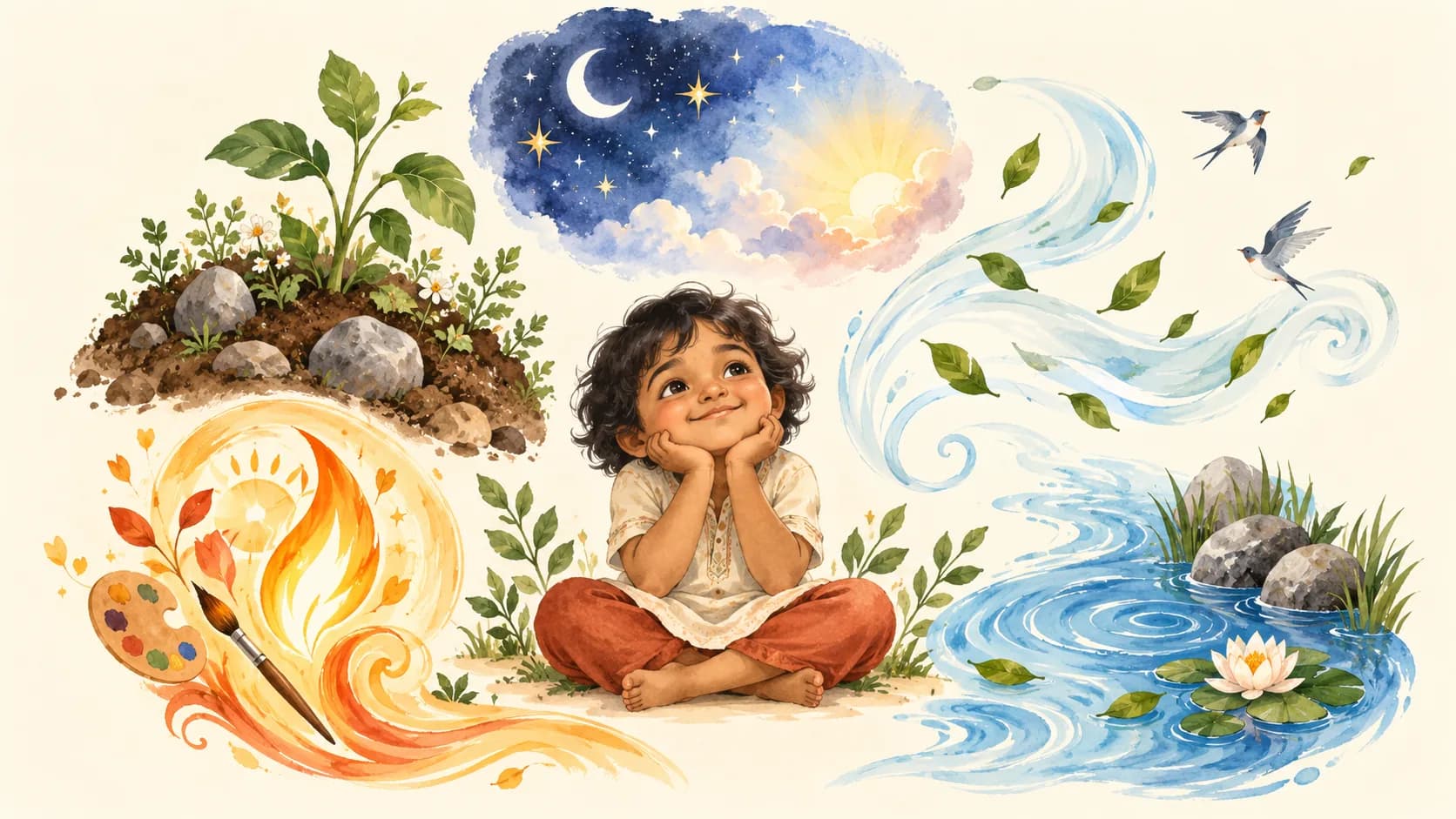 Child surrounded by artistic representations of earth, water, fire, air and space