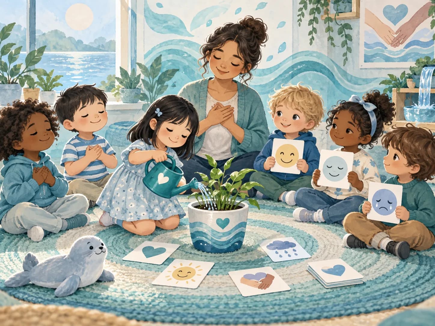 Teacher and children exploring feelings, kindness and care together