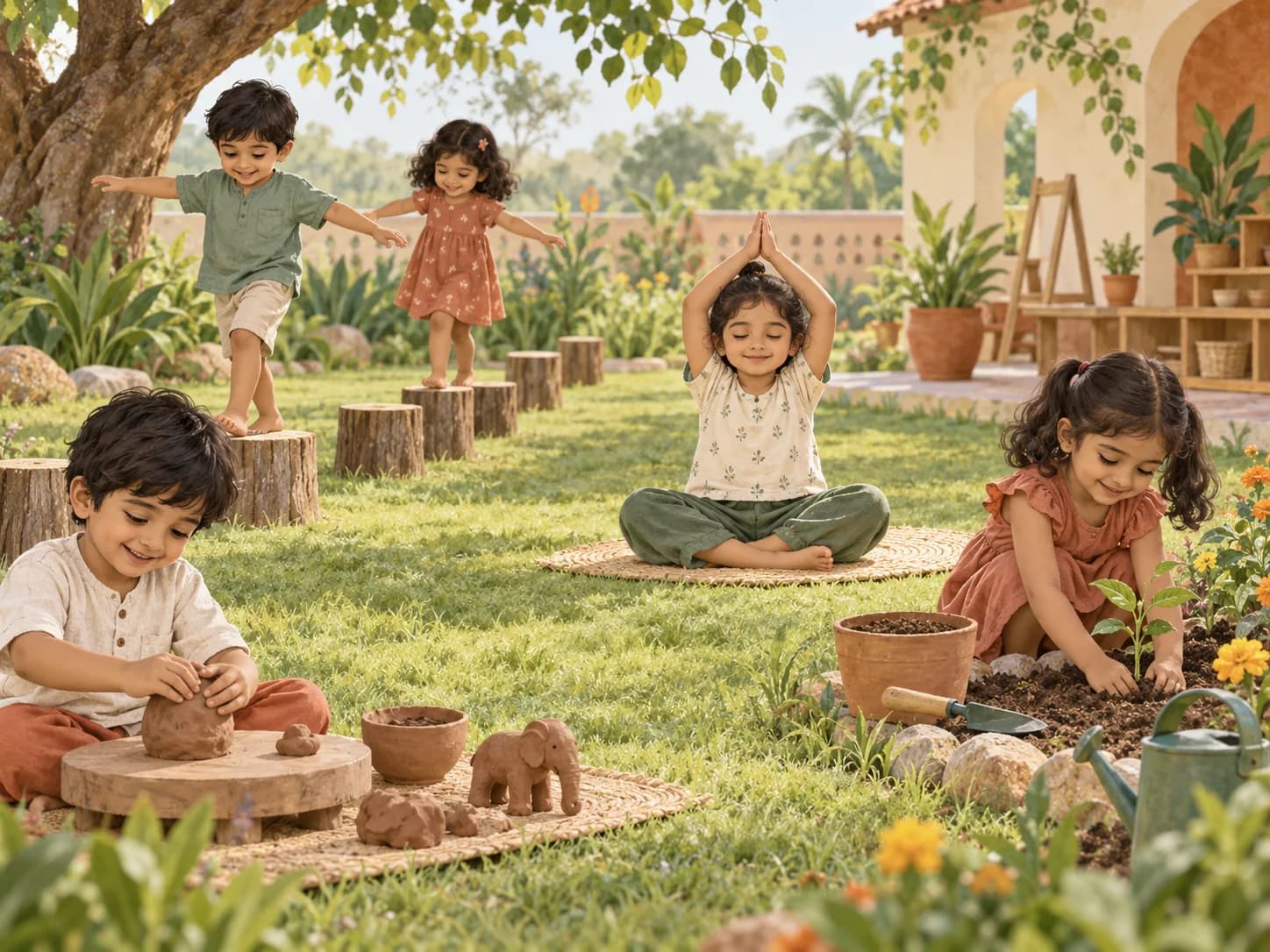 Young children exploring movement, clay, gardening and nature in an outdoor early-years setting