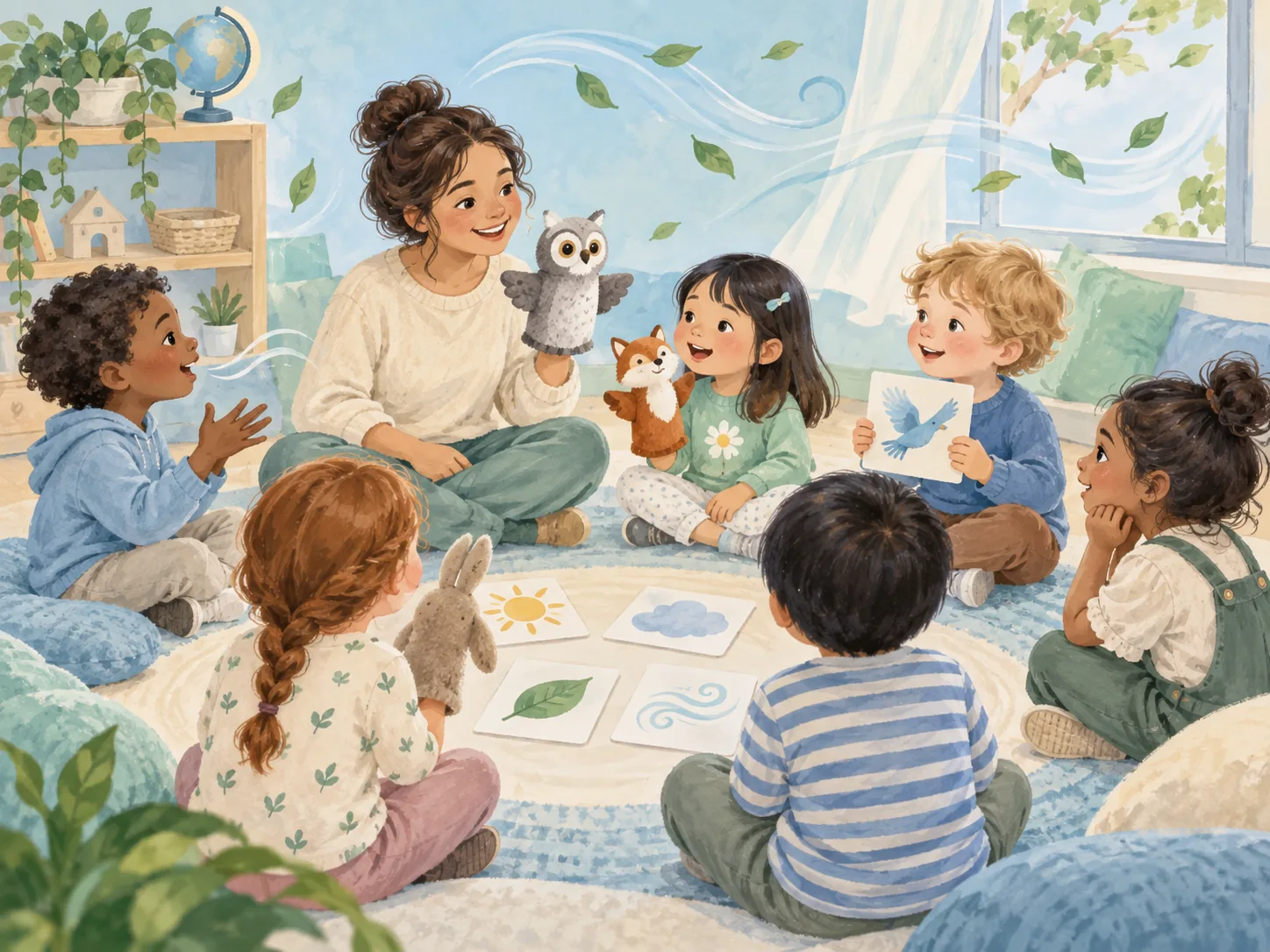 Teacher and children building listening and communication through stories and puppets